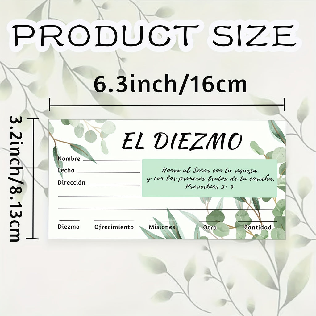 50pcs 6.3x3.2 Inch Spanish Church Offering Envelopes - Matte Finish with Elegant Eucalyptus Design, English Text & Numbered Sections for Cash Gifts, Baptisms, Weddings, Religious Events