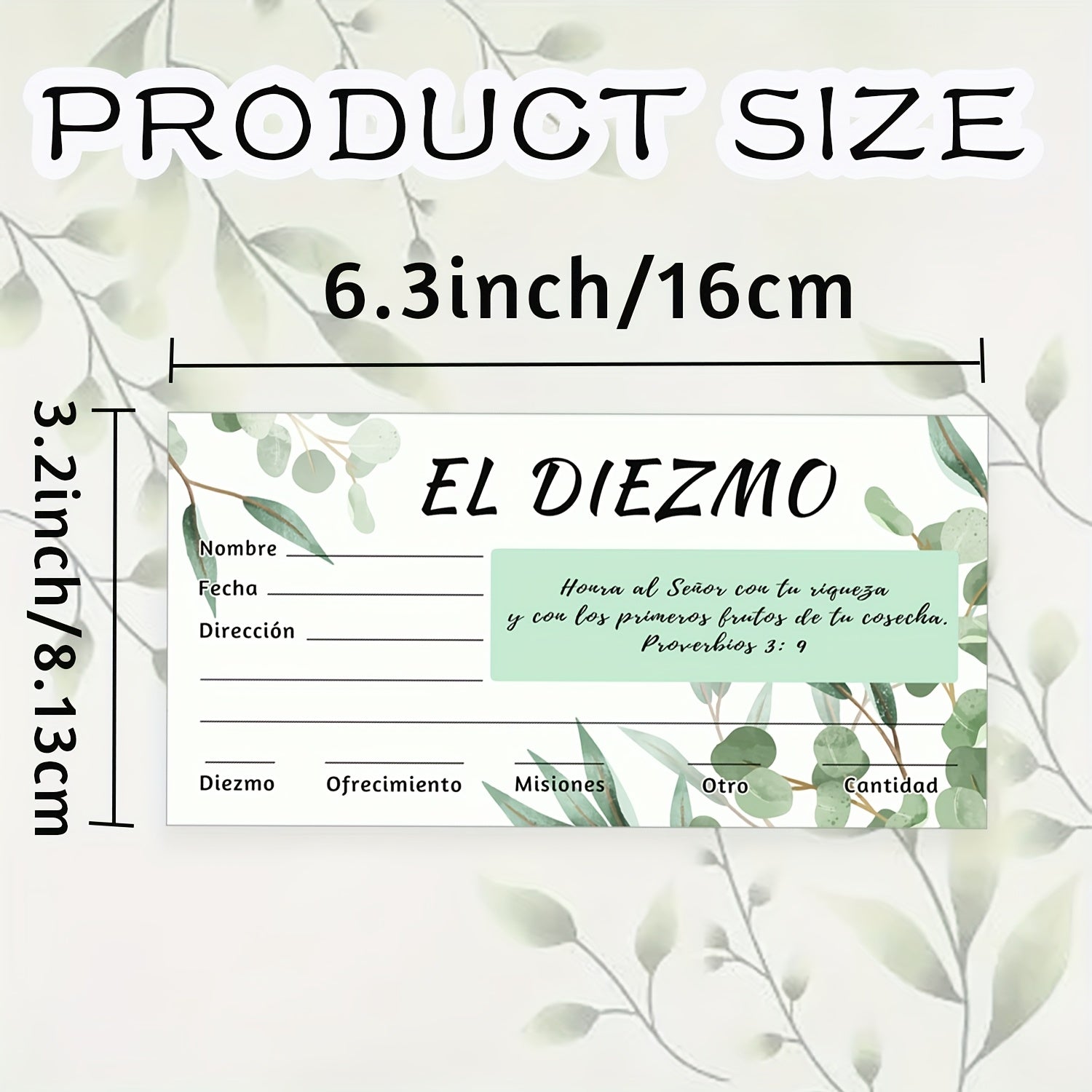 50pcs 6.3x3.2 Inch Spanish Church Offering Envelopes - Matte Finish with Elegant Eucalyptus Design, English Text & Numbered Sections for Cash Gifts, Baptisms, Weddings, Religious Events