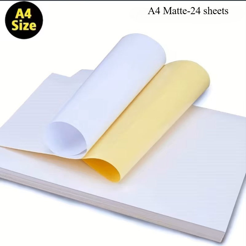24 Sheets A4 Matte Finish Inksaver Paper - Inkjet & Laser Printable Sticker Paper with White Label Paper, Office & Home Use, Matte Full Sheet Self-Adhesive Label Paper