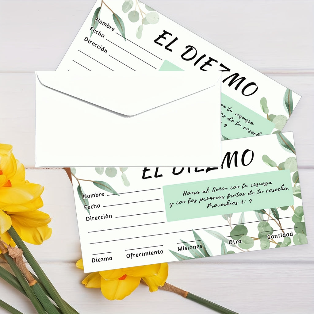 50pcs 6.3x3.2 Inch Spanish Church Offering Envelopes - Matte Finish with Elegant Eucalyptus Design, English Text & Numbered Sections for Cash Gifts, Baptisms, Weddings, Religious Events