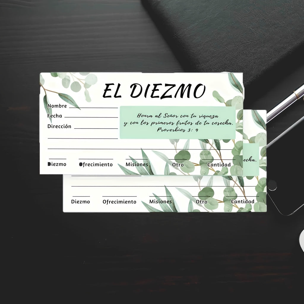 50pcs 6.3x3.2 Inch Spanish Church Offering Envelopes - Matte Finish with Elegant Eucalyptus Design, English Text & Numbered Sections for Cash Gifts, Baptisms, Weddings, Religious Events